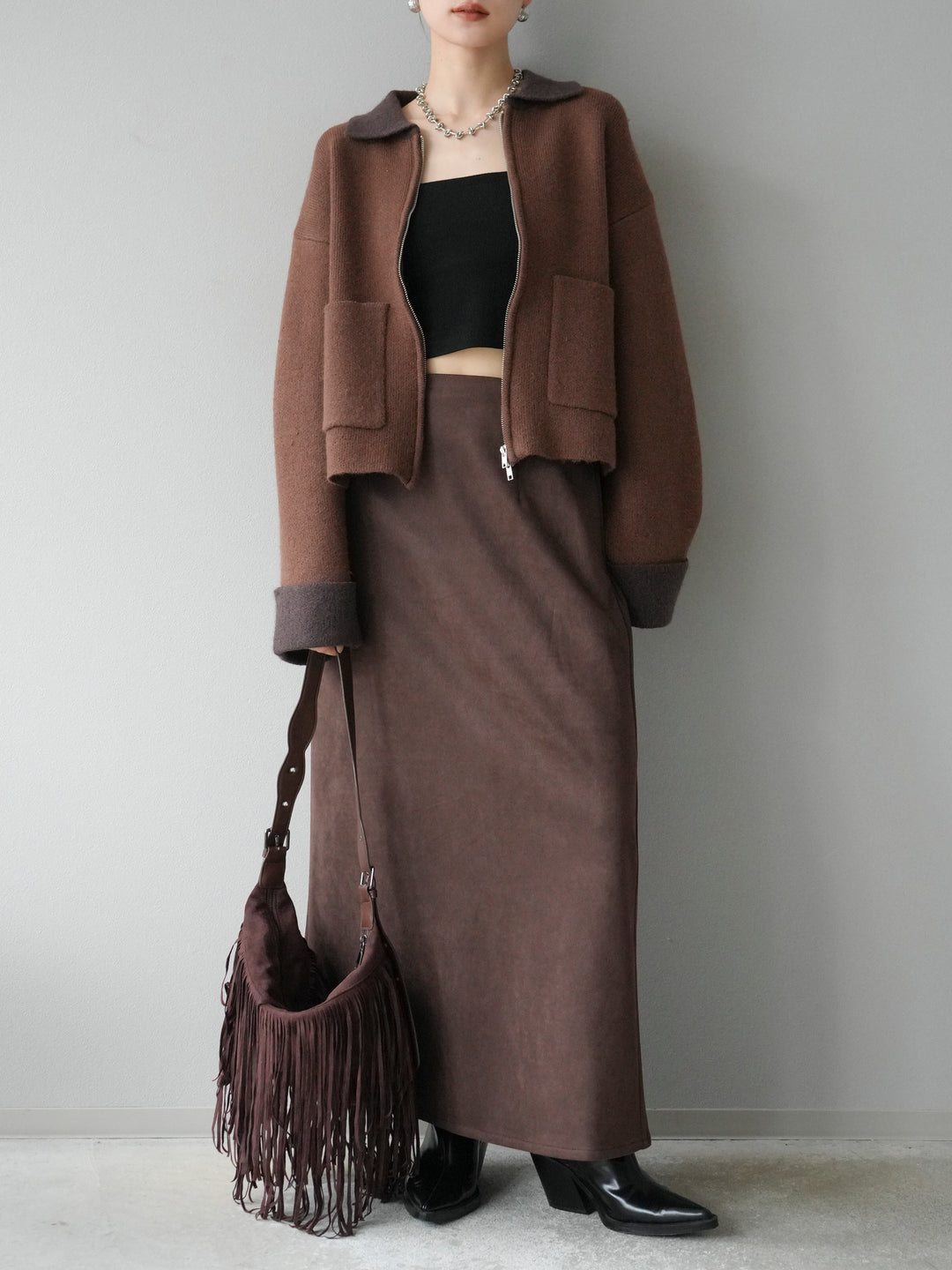 [予約]ポロ襟ジップニットカーディガン/キャメル