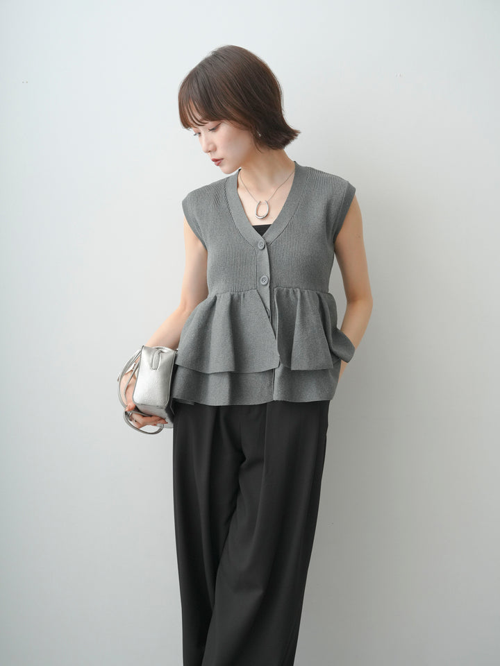 [予約]ダブルフリルペプラムノースリニットトップス/gray