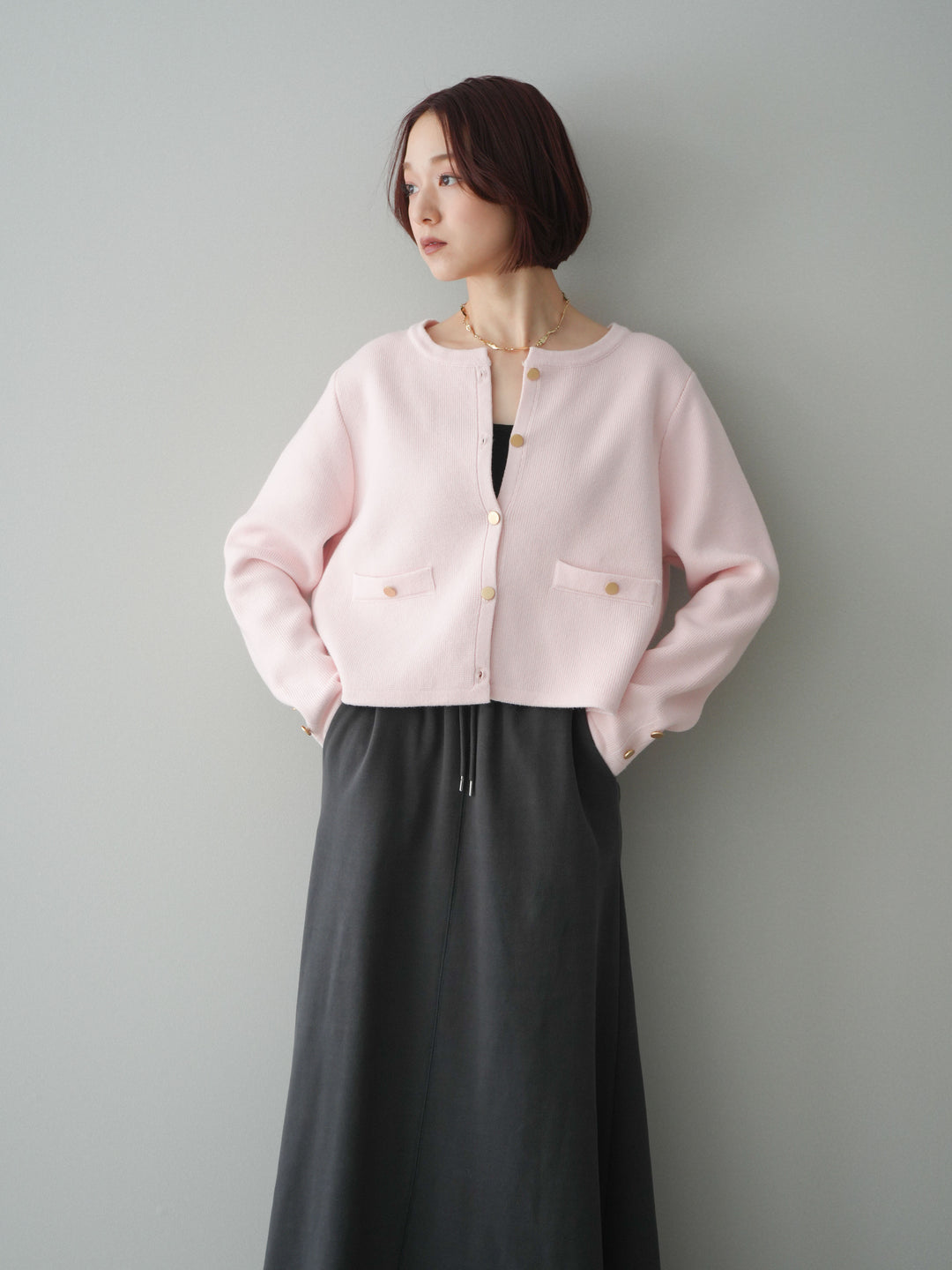 [SET]ゴールドボタンノーカラーニットジャケット+選べるアクセセット(2set)