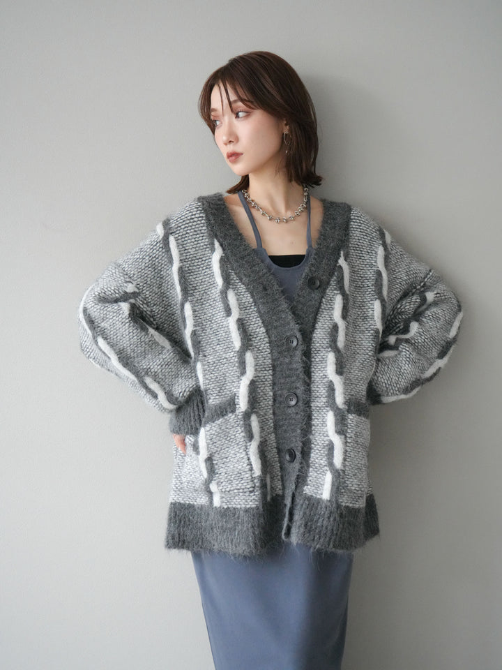 [予約]バイカラー編み込みデザインニットカーディガン/グレー