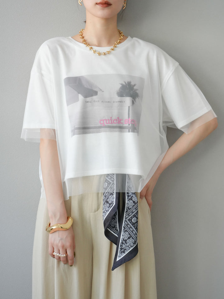 [予約]チュールドッキングフォトTシャツ/オフホワイト×ピンク