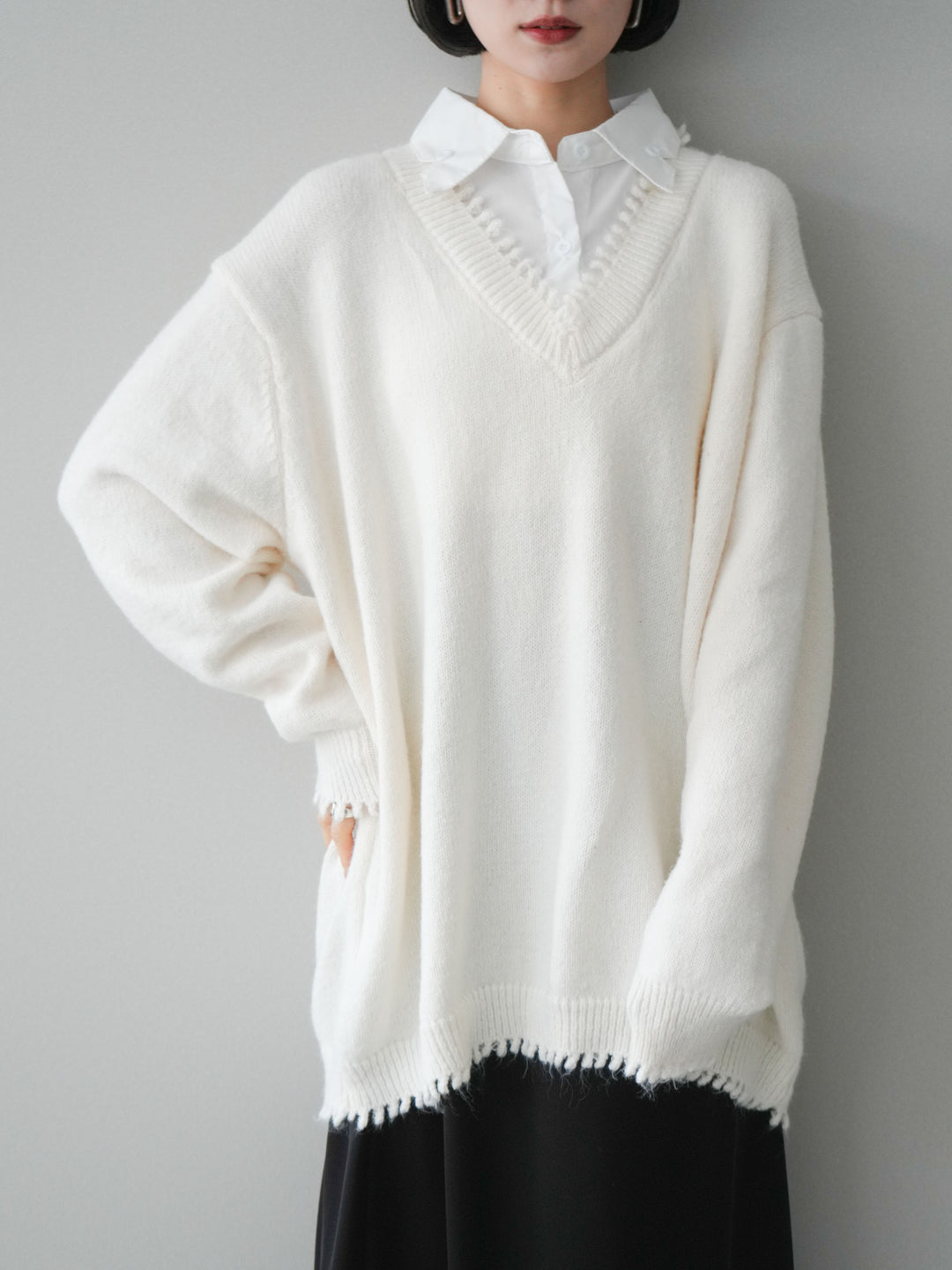 [SET]シャツドッキングVネックフリンジニットプルオーバー+選べるアクセセット(2set)
