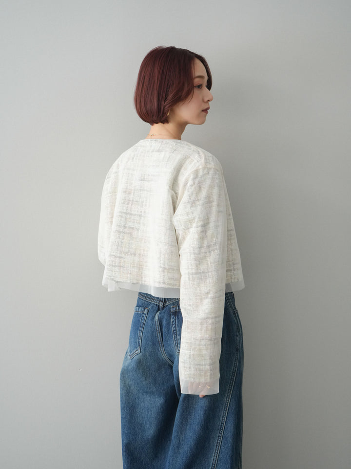 [予約]チュールレイヤードツイードクロップドジャケット/pink