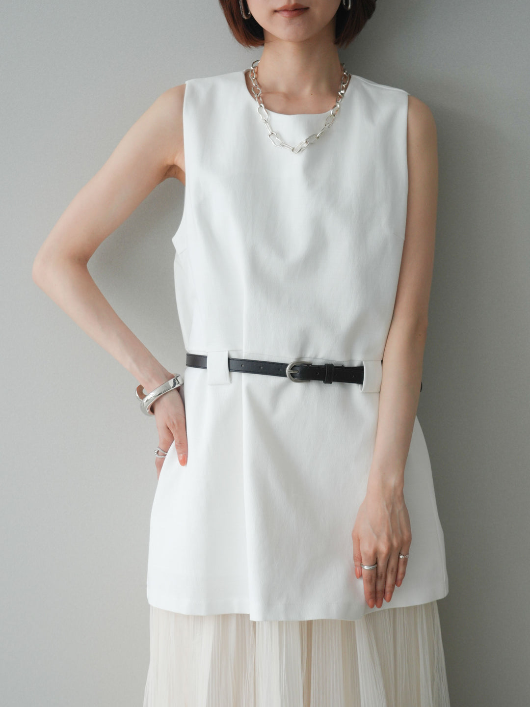 [予約]ベルト付リネンライクノースリチュニック/white
