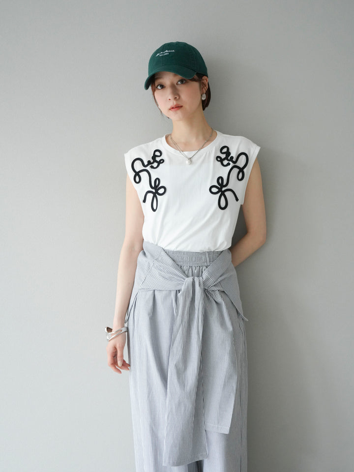 [SET]コード刺繍フレンチスリーブTシャツ+ウエスト巻きストライプイージーパンツ(2set)