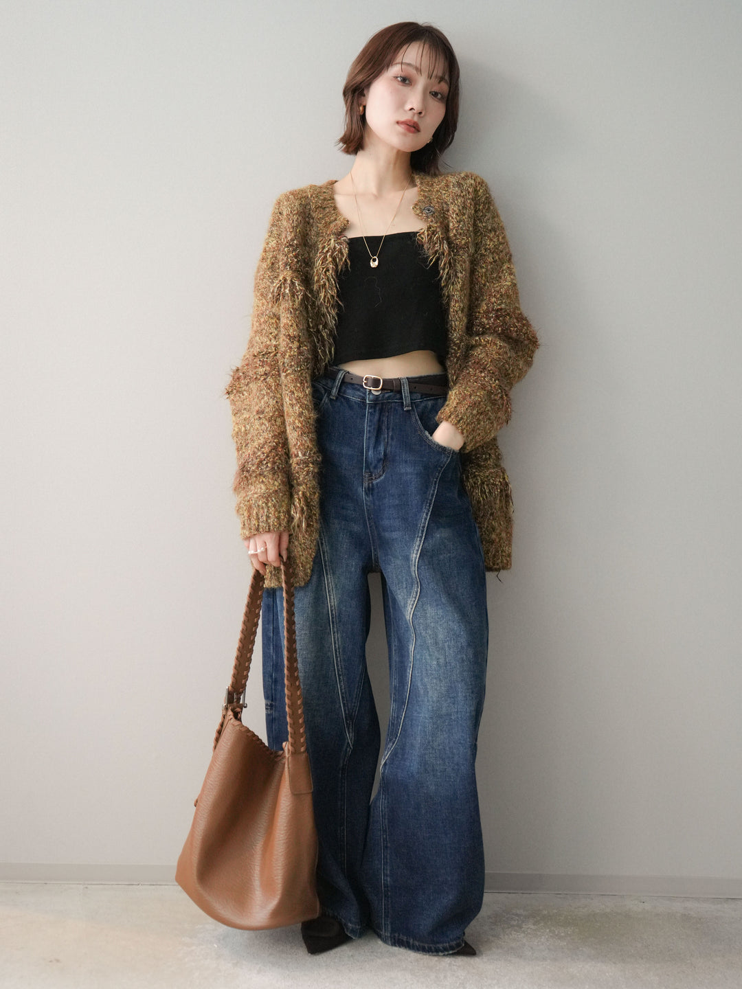 [SET]ミックスヤーンフリンジデザインニットジャケット+裏起毛加工デニムカーブパンツ(2set)