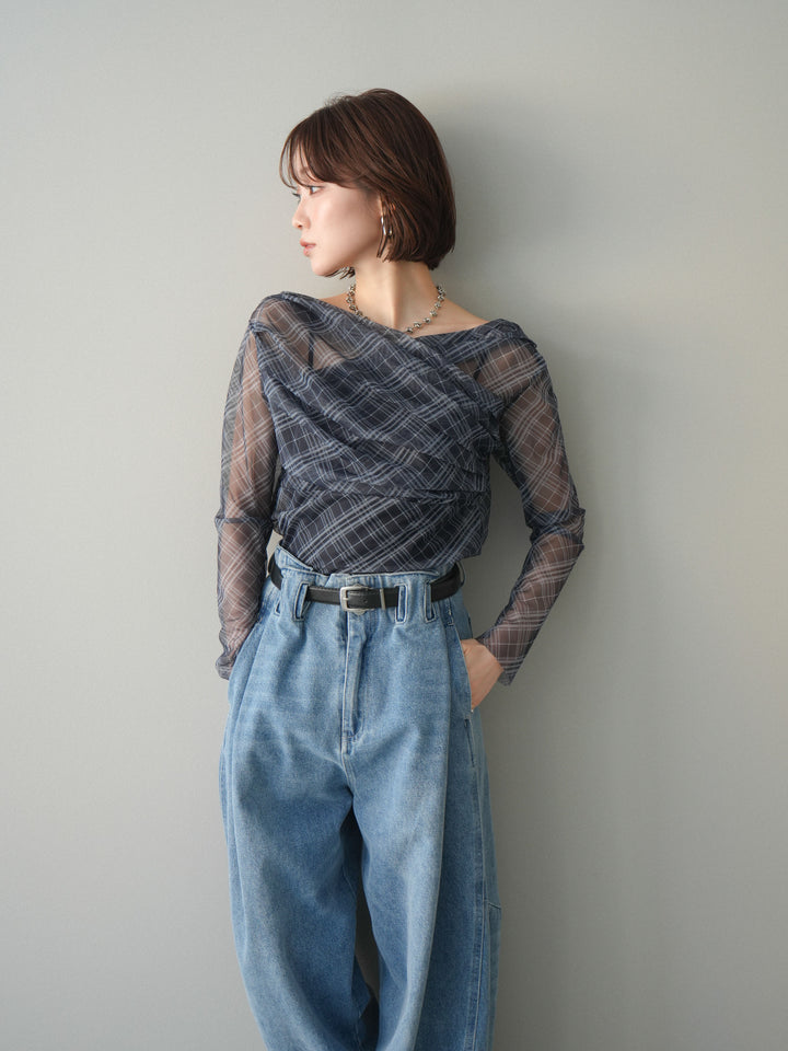 [予約]チュールバイアスチェックプリントタックネックトップス/navy