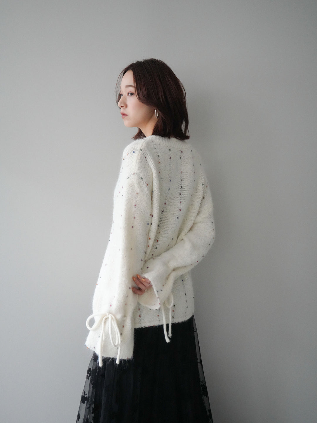 [SET]キャンディースリーブカラーネップスパンコールニットプルオーバー+フラワーフロッキーチュールプリーツスカート(2set)