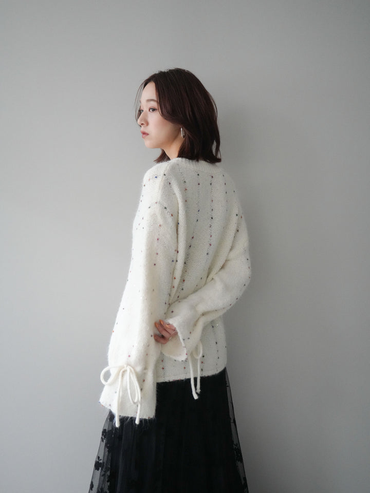 [SET]キャンディースリーブカラーネップスパンコールニットプルオーバー+フラワーフロッキーチュールプリーツスカート(2set)