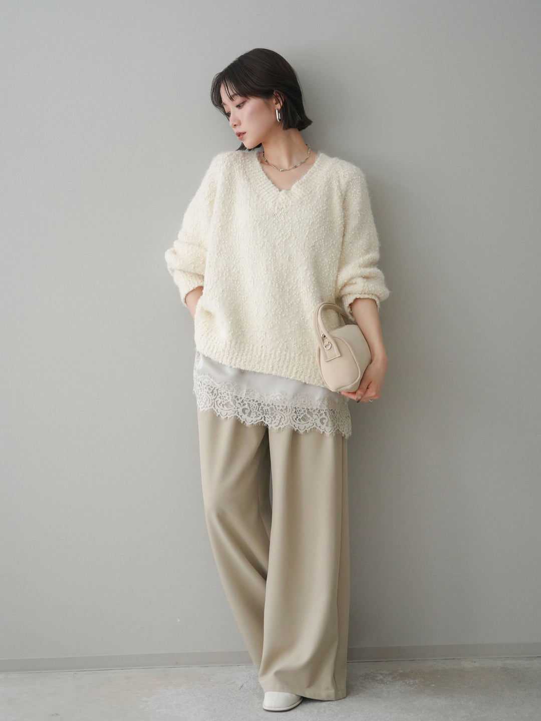 [予約]ウエストレースタックワイドパンツ/ivory