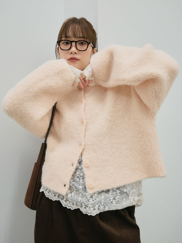 【Allure】[SET]ブークレニットカーディガン+ハイネックレーストップス(2set)