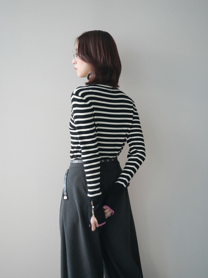 [SET]袖配色ハイネックボーダーリブニットトップス+ベルト付き裏起毛ワイドパンツ(2set)