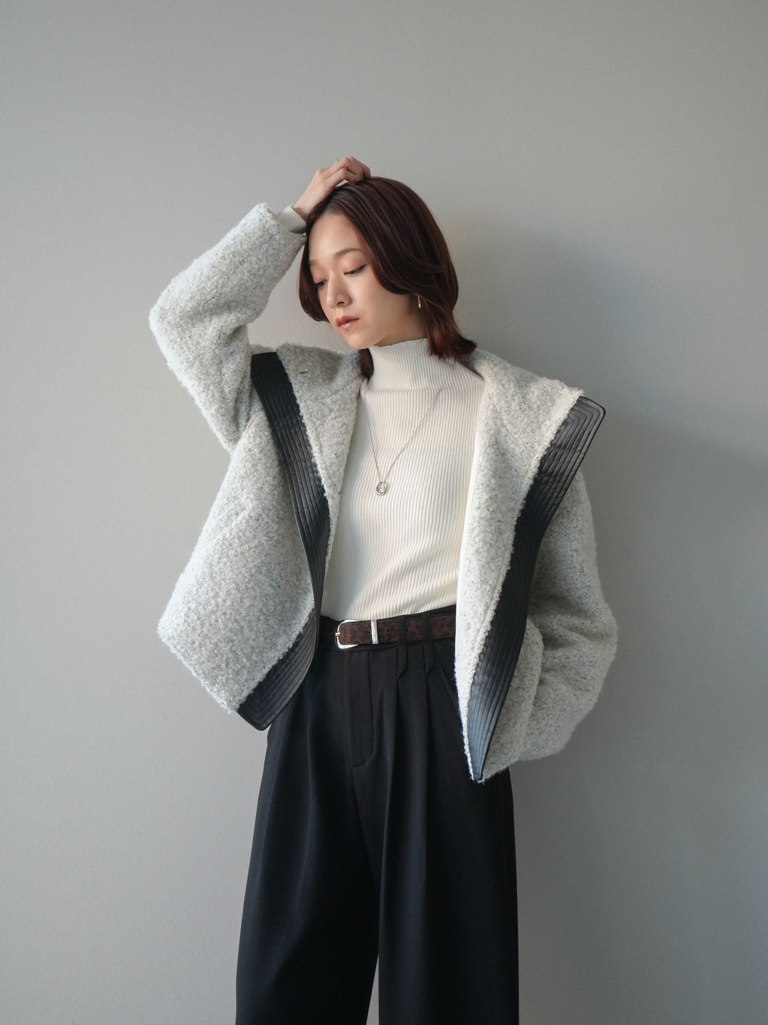 [SET]レザー切替ブークレブルゾン+アニマル柄ベルト付きウールタッチワイドパンツ(2set)