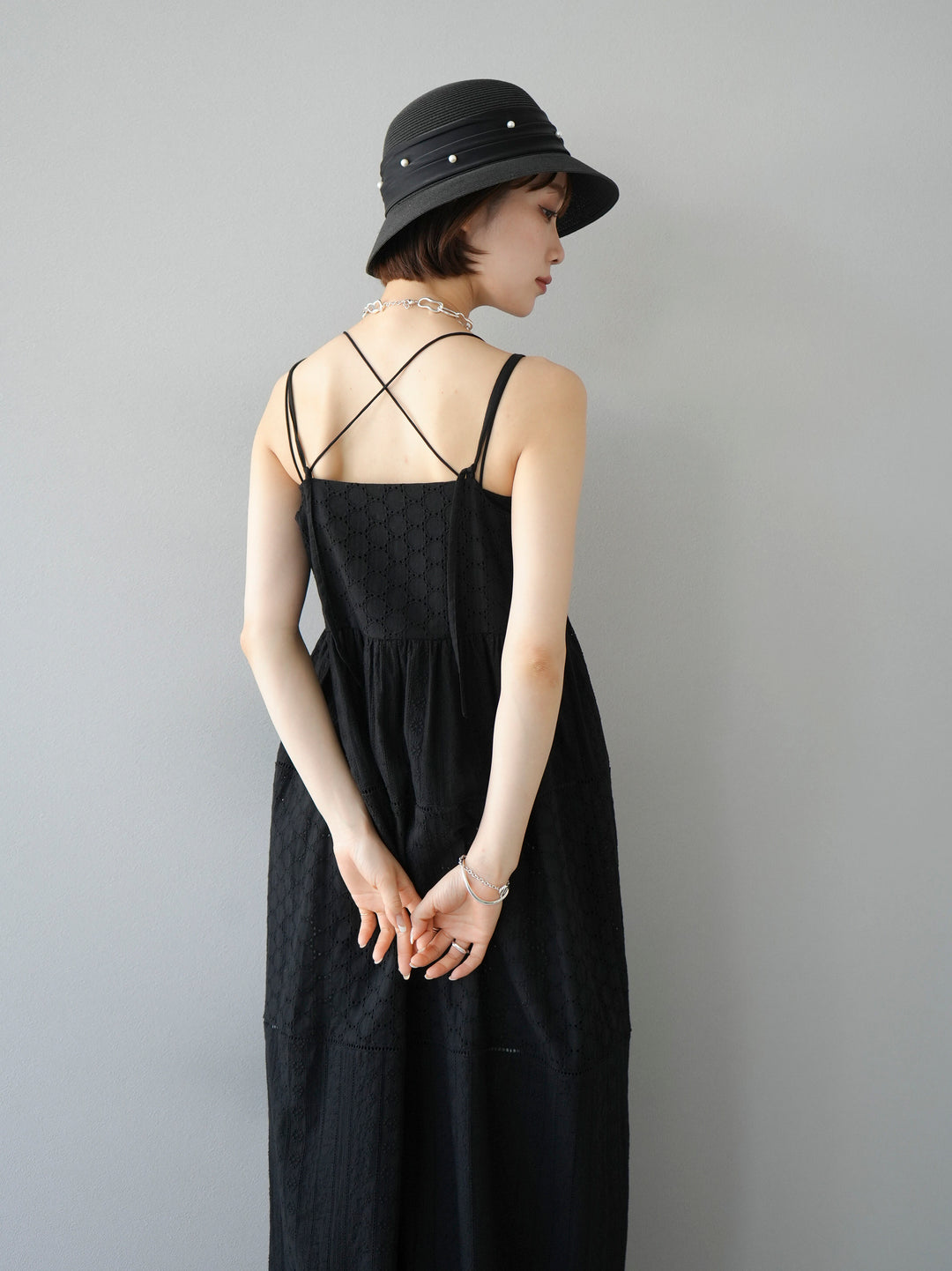 [Pre-order] Cotton patchwork lace camisole dress/black