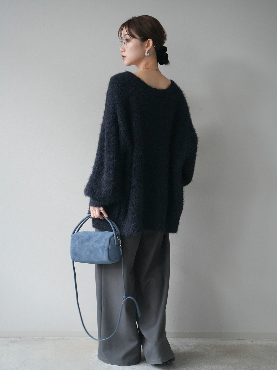 [SET]クルーネックランダムシャギーカーディガン+ベルトループデザインワイドパンツ(2set)