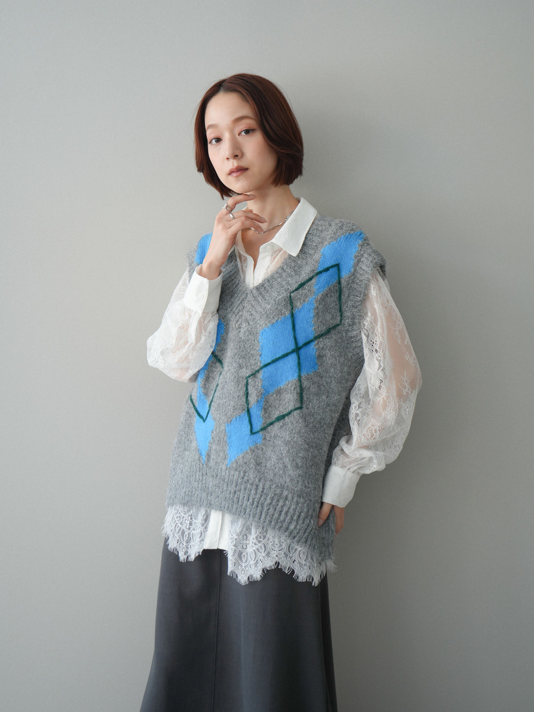 [SET]アーガイルVネックニットベスト+選べるアクセセット(2set)