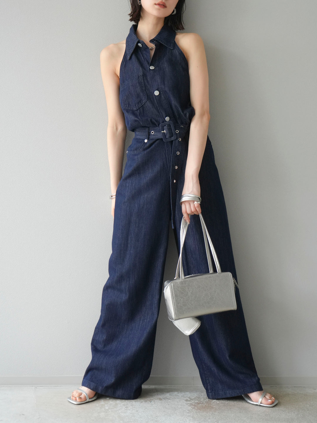 【預購】翻領牛仔連身衣/深藍色