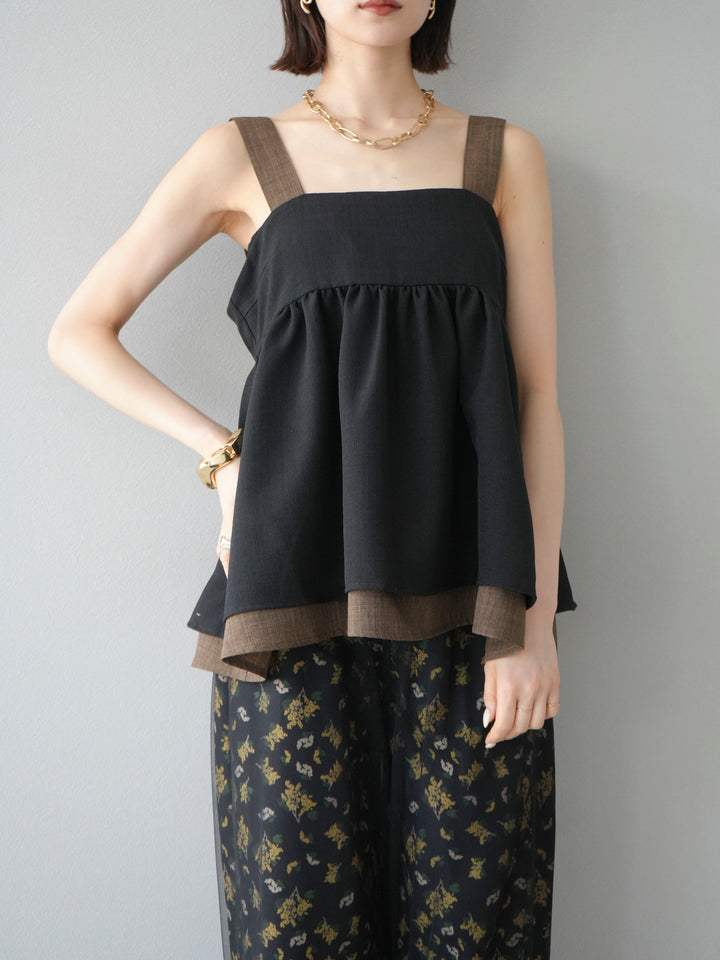 [SET]リネンライク配色フレアタンクトップ+コード刺繍チュールレイヤードパンツ+ブーケプリントタックパンツ(3set)