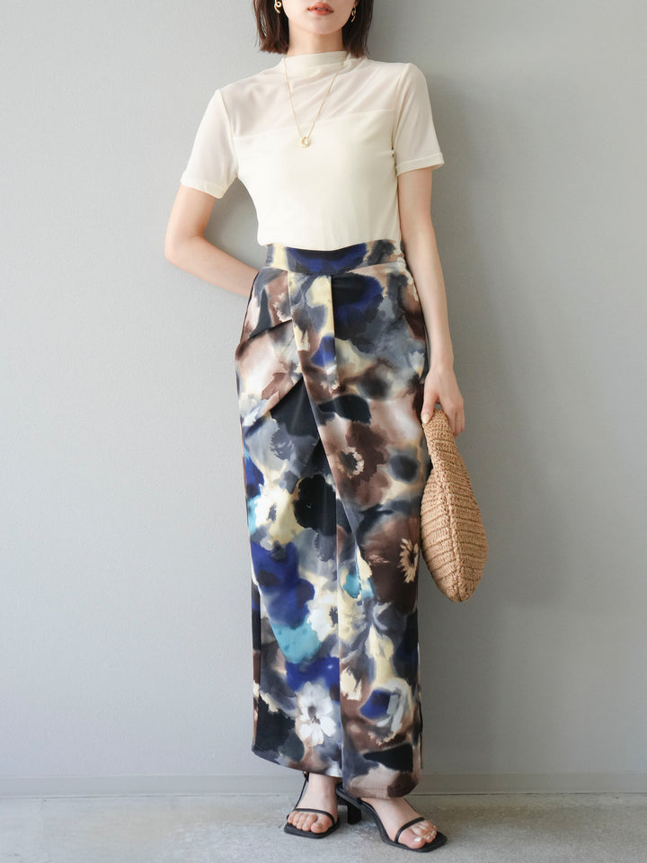 [SET] 透視半袖上衣 + 水彩印花褶襉I字裙 (2set)