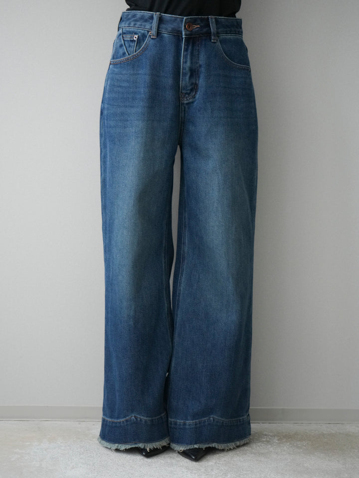 [予約]裏起毛裾フリンジワイドデニムパンツ/darkblue