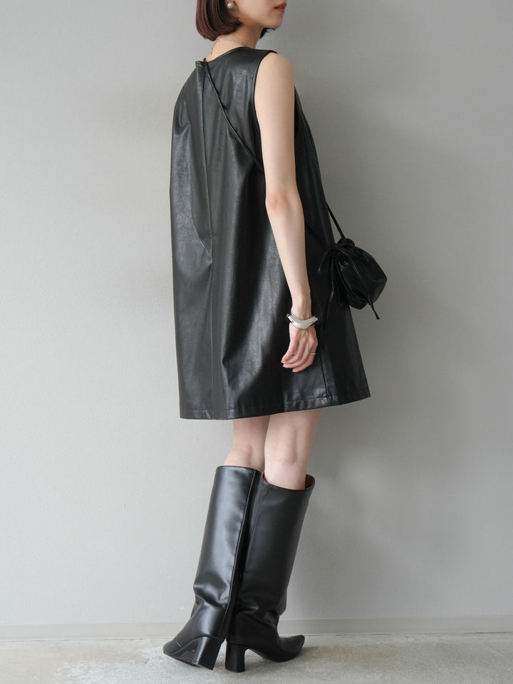 [予約]ショルダーポーチ付レザーミニワンピース/ブラック