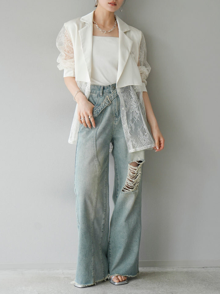 [Pre-order] Lace-trimmed satin shirt jacket/ivory