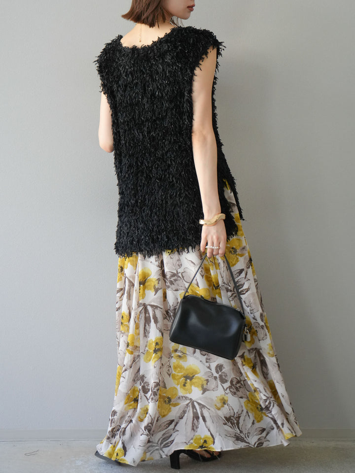 [予約]フラワープリントボリュームフレアスカート/イエロー