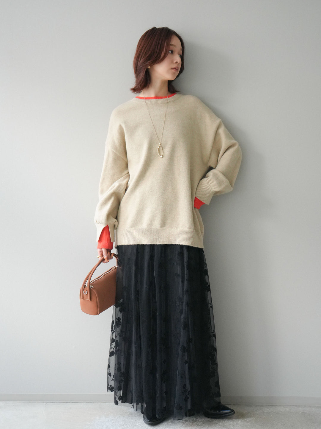 [SET]ヘンリーネック配色レイヤードニットプルオーバー+フラワーフロッキーチュールプリーツスカート(2set)