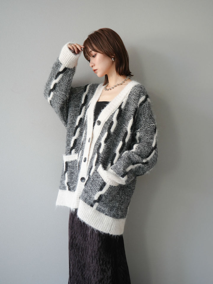 [SET]バイカラー編み込みデザインニットカーディガン+ベロアプリーツナロースカート(2set)