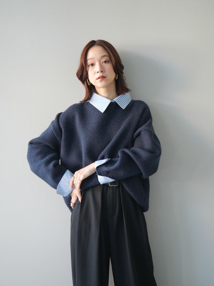 [SET]2WAYストライプ襟ニットプルオーバー+ベルトループデザインワイドパンツ(2set)