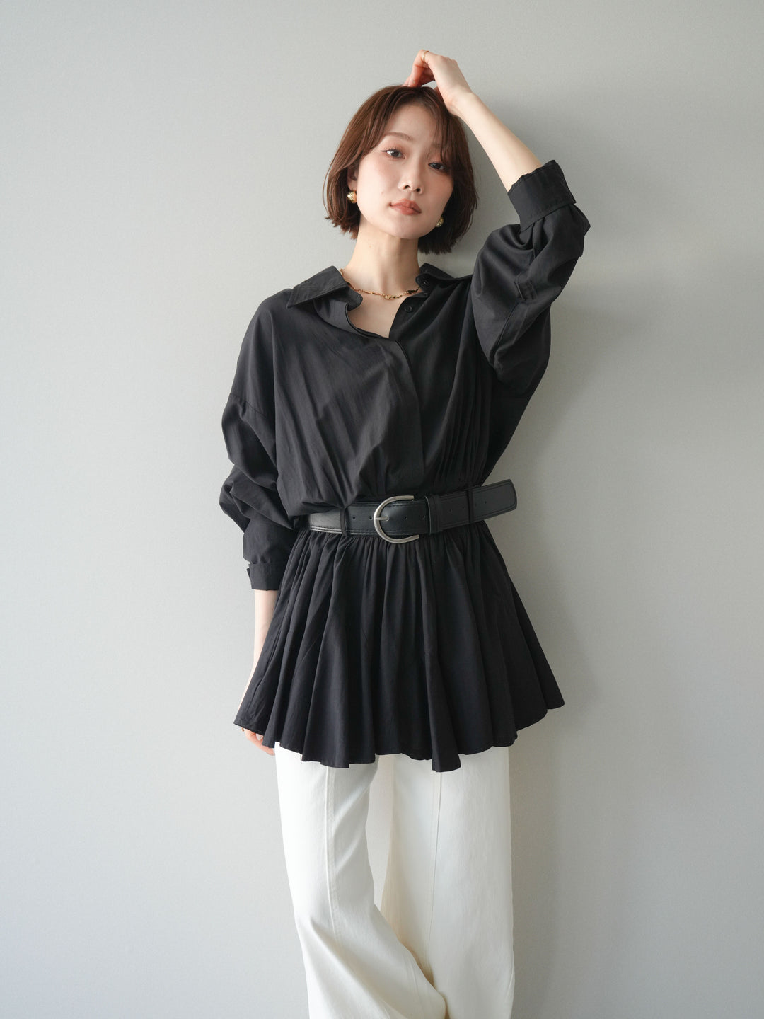 [予約]ベルト付フレアシャツミニワンピース/black