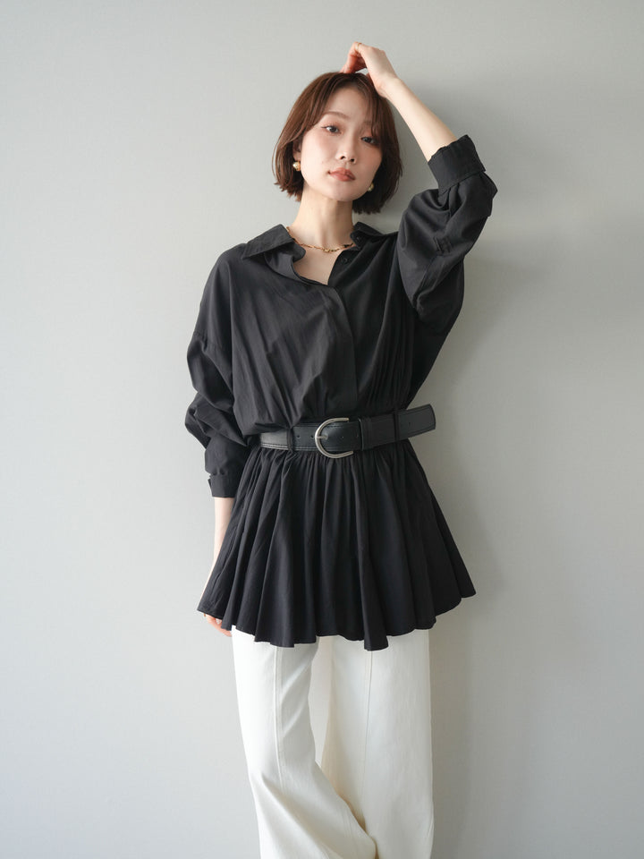 [予約]ベルト付フレアシャツミニワンピース/black