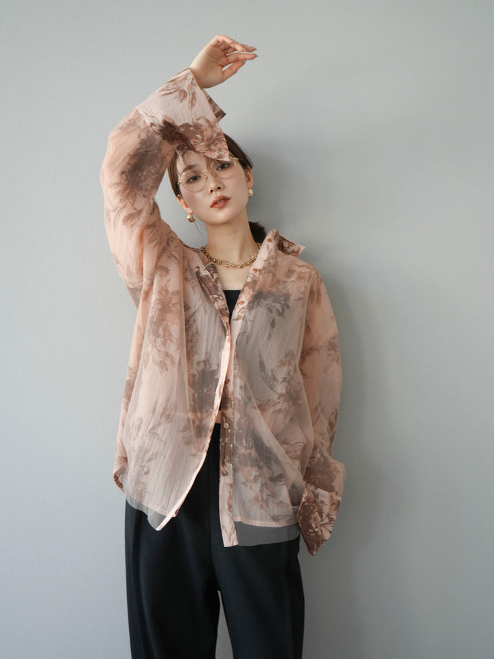 [予約]チュールドッキングフラワー柄オーバーサイズシャツ/ブラウン