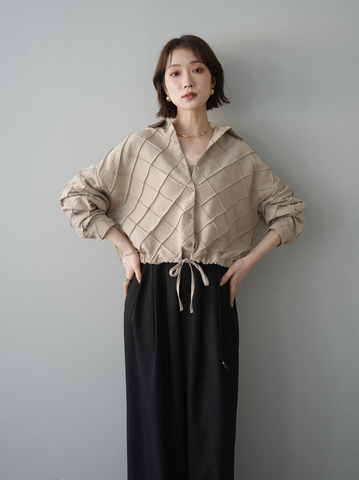 [SET]パイピングクロスデザインブラウス+編み込みベルト付タックワイドパンツ(2set)