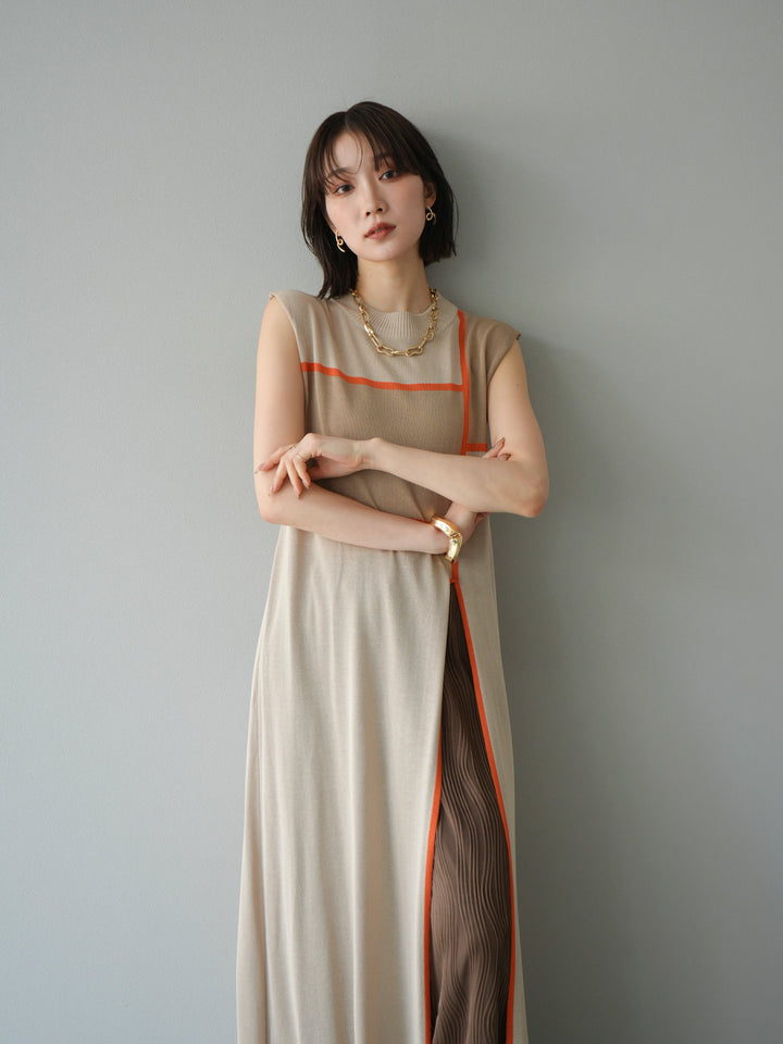 [SET] 配色開衩針織洋裝 + 波浪滾邊休閒褲 (2件套)