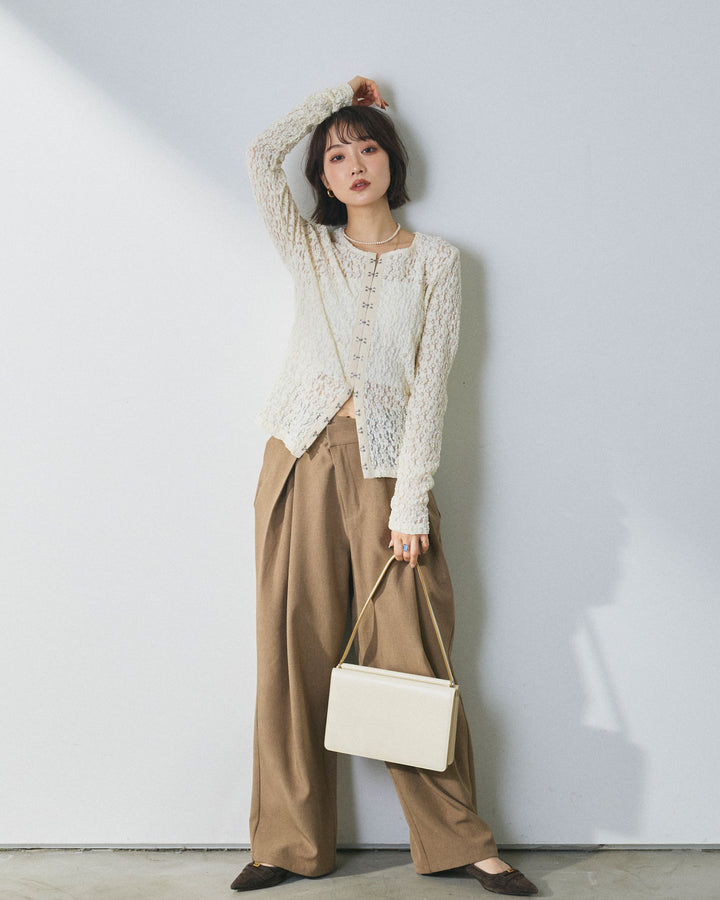 【Allure】[SET]ストレッチレースフロントホックトップス+アシンメトリーウエストタックパンツ(2set)