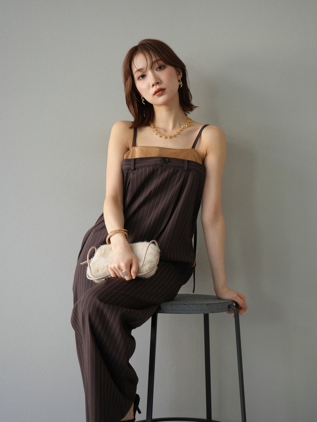 [予約]サテン切替ピンストライプサロペット/ブラウン