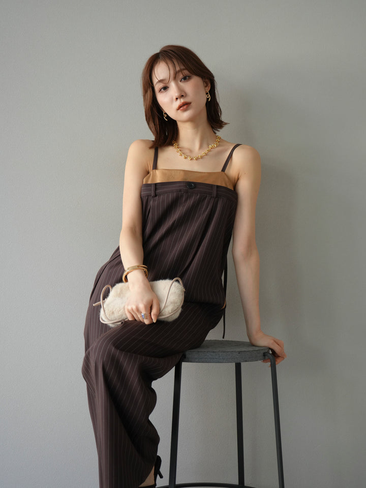[予約]サテン切替ピンストライプサロペット/ブラウン