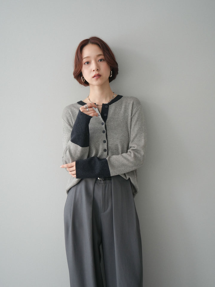 [SET]ヘンリーネック配色ニットソー+ベルトループデザインワイドパンツ(2set)