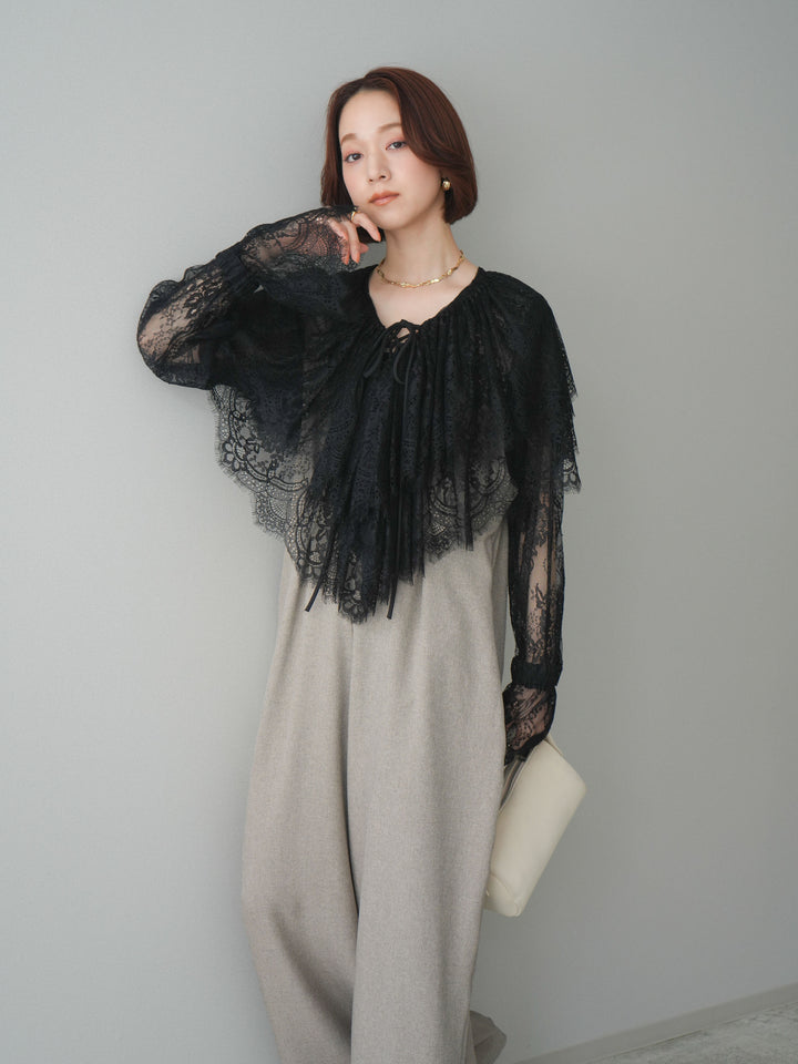 [予約]ビックカラーラッフルレーストップス/black