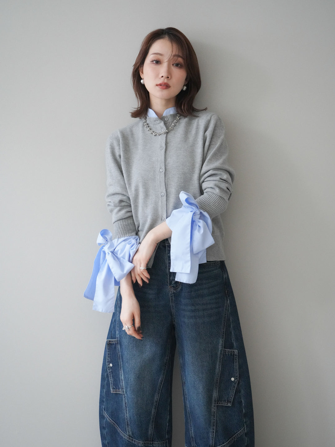 [予約]ウールライクリボンシャツカーディガン/gray
