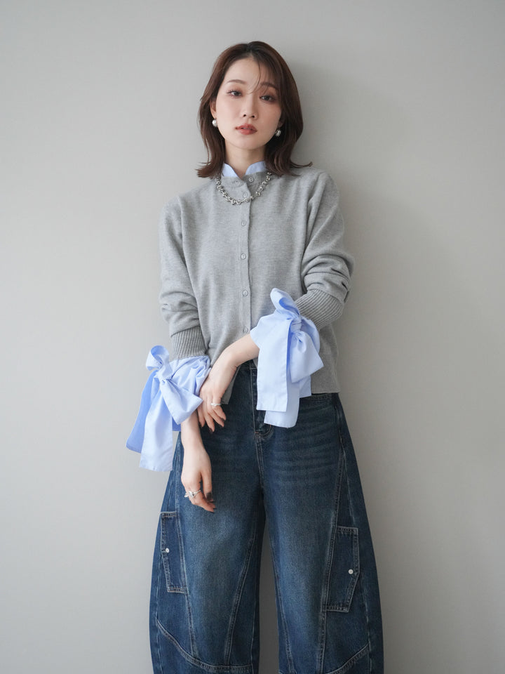 [予約]ウールライクリボンシャツカーディガン/gray