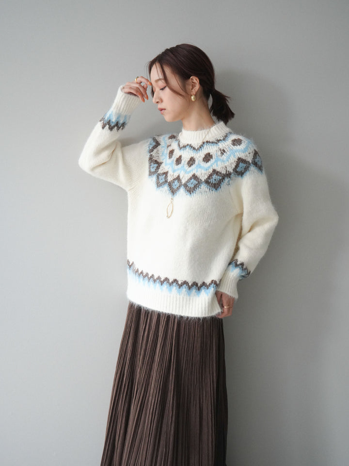 [SET]ソフトタッチ求心柄ニットプルオーバー+裾レーススウェードプリーツマキシスカート(2set)