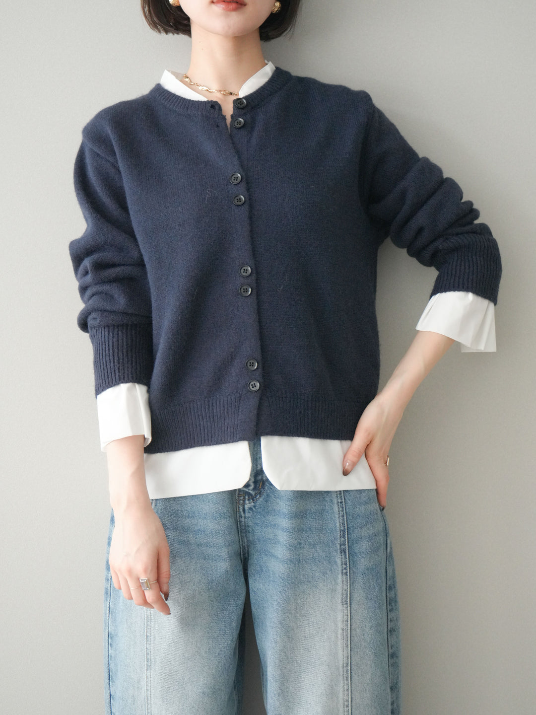[SET]布帛ドッキングニットカーディガン+ガーメントウォッシュカーブデニムパンツ(2set)