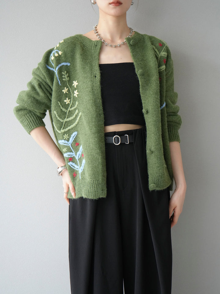 [SET]フラワー刺繍ニットカーディガン+ベルト付タックワイドパンツ(2set)