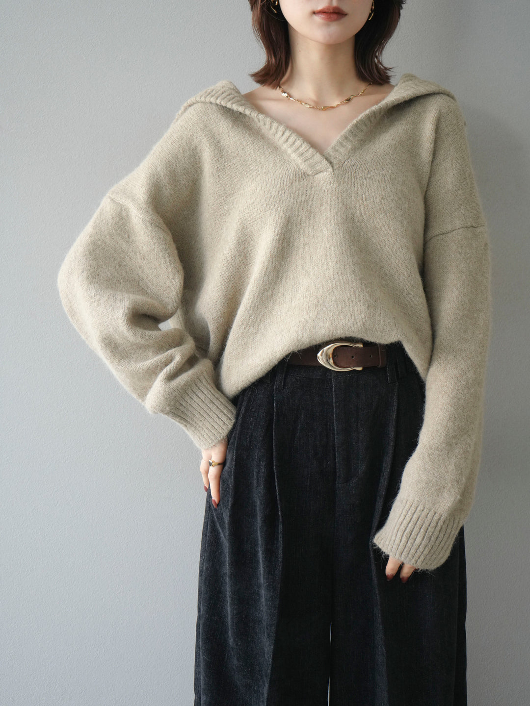 [予約]スキッパーニットプルオーバー/beige