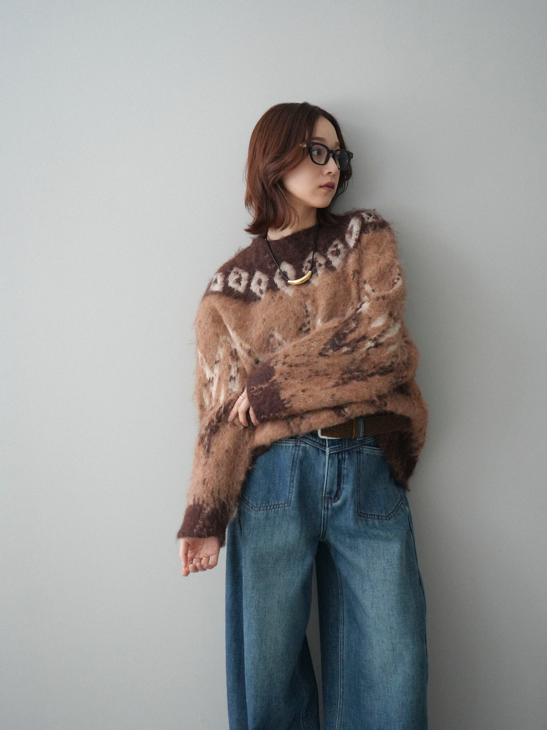 [SET]シャギーニュアンス柄ニットプルオーバー+ベルト付裏起毛カーブデニムパンツ(2set)