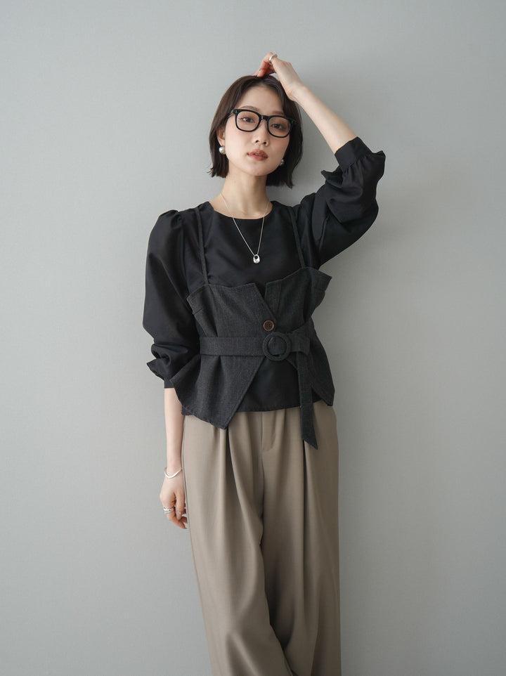 [SET]異素材ビスチェドッキングブラウス+ベルト付キーホルダーモチーフワイドパンツ(2set)