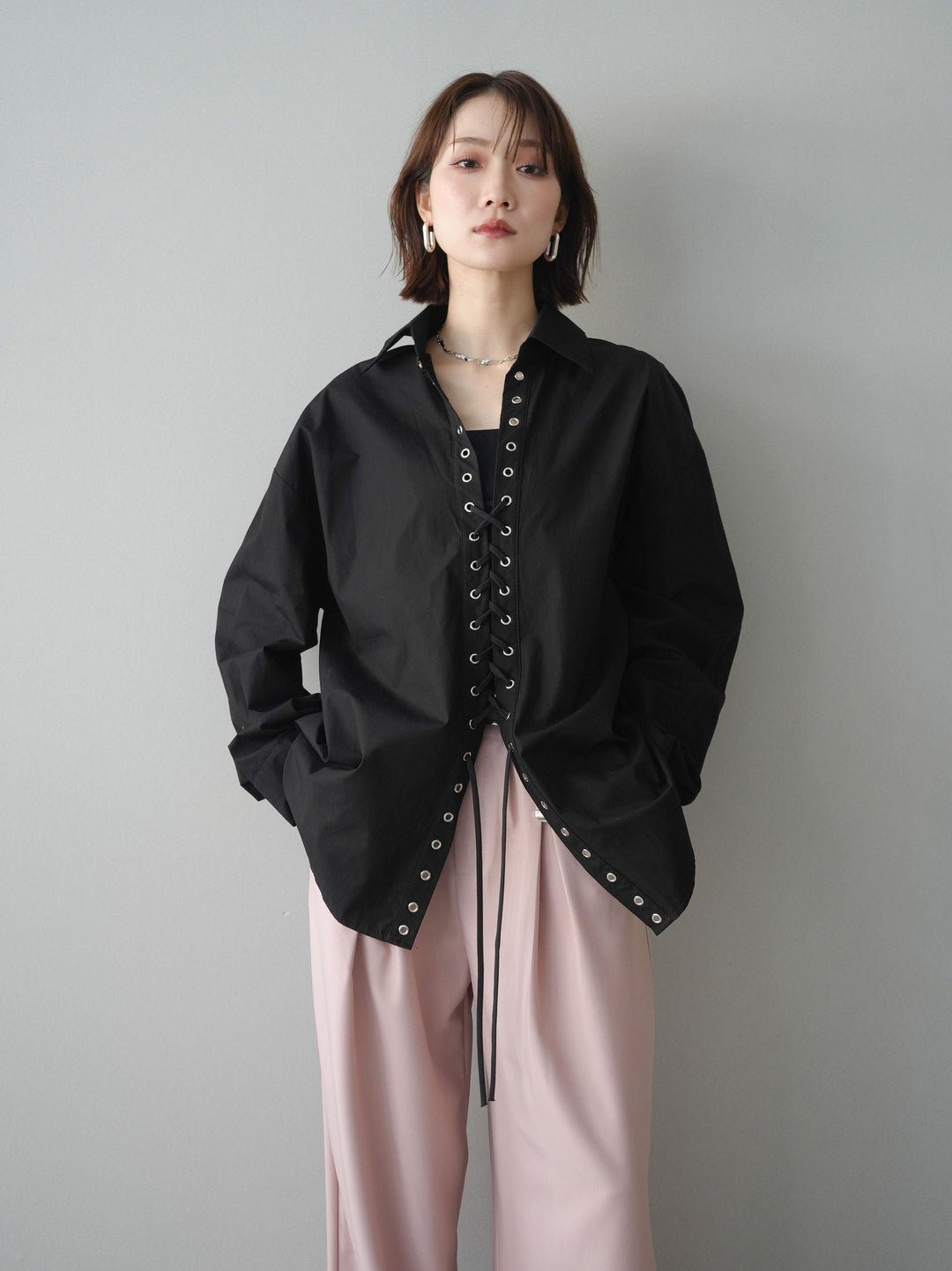 [SET]レースアップブロードシャツ+選べるアクセセット(2set)
