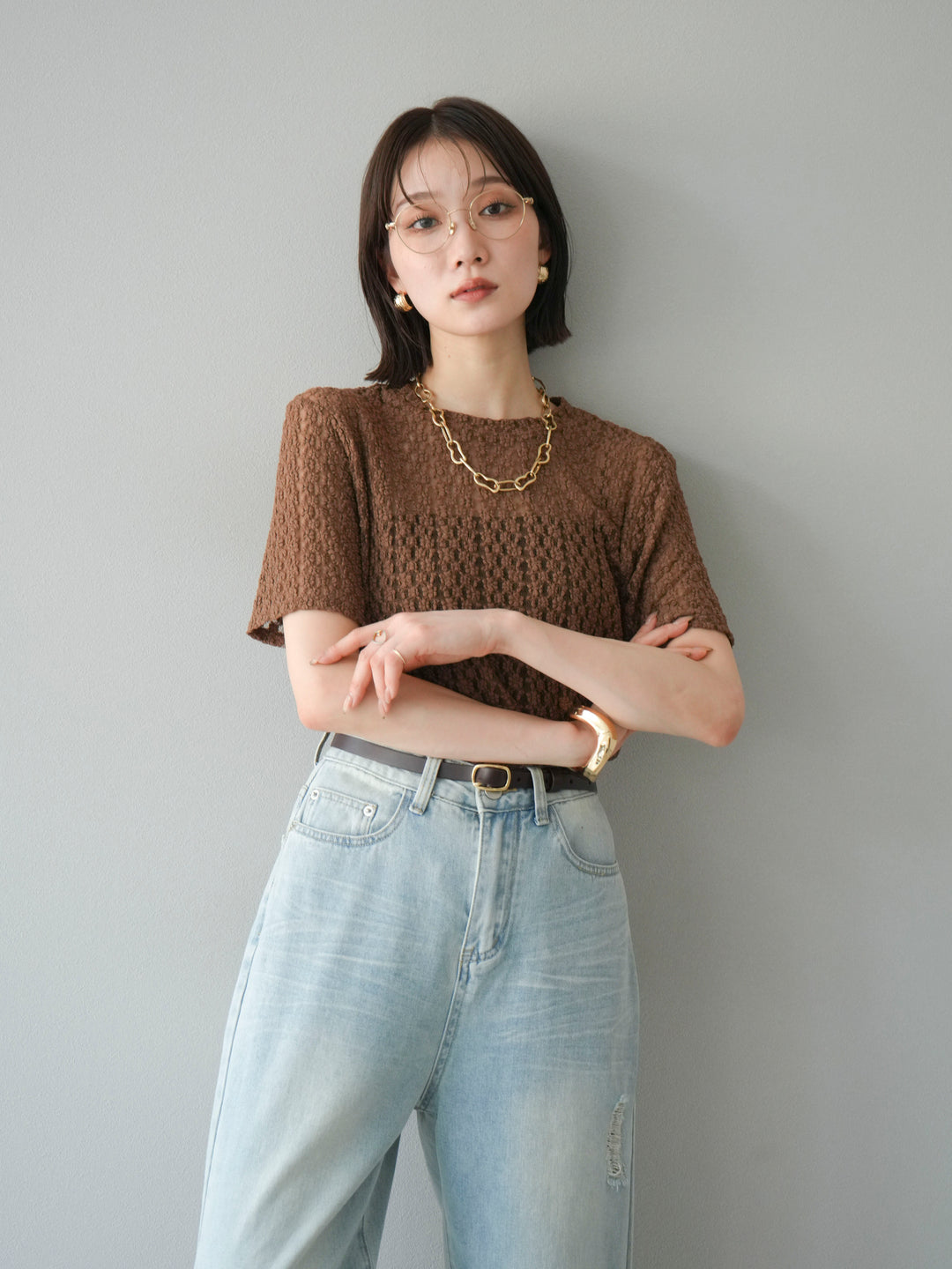 【預購】剪裁蕾絲T卹/棕色